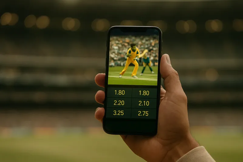Hand holding smartphone showing live cricket match with real-time odds