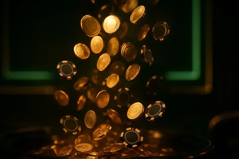 Golden coins and casino chips falling with green neon lighting