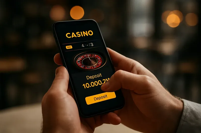 Man typing on smartphone casino app with taka deposit confirmation