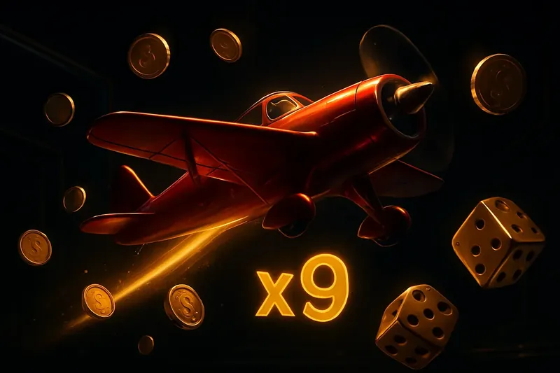 Aviator Crash Game Red airplane crash game with multiplier trail, coins and dice