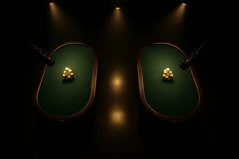 Overhead live casino studio with dealer tables, cameras, green felt